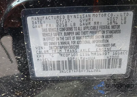 2017 Nissan Sentra Sr Turbo z USA, uszkodzony, nr VIN 3N1CB7AP8HY366286